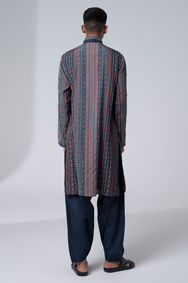 Autmn Shower Grey Dixy Stripe Embroidered kurta-Siddhartha Bansal