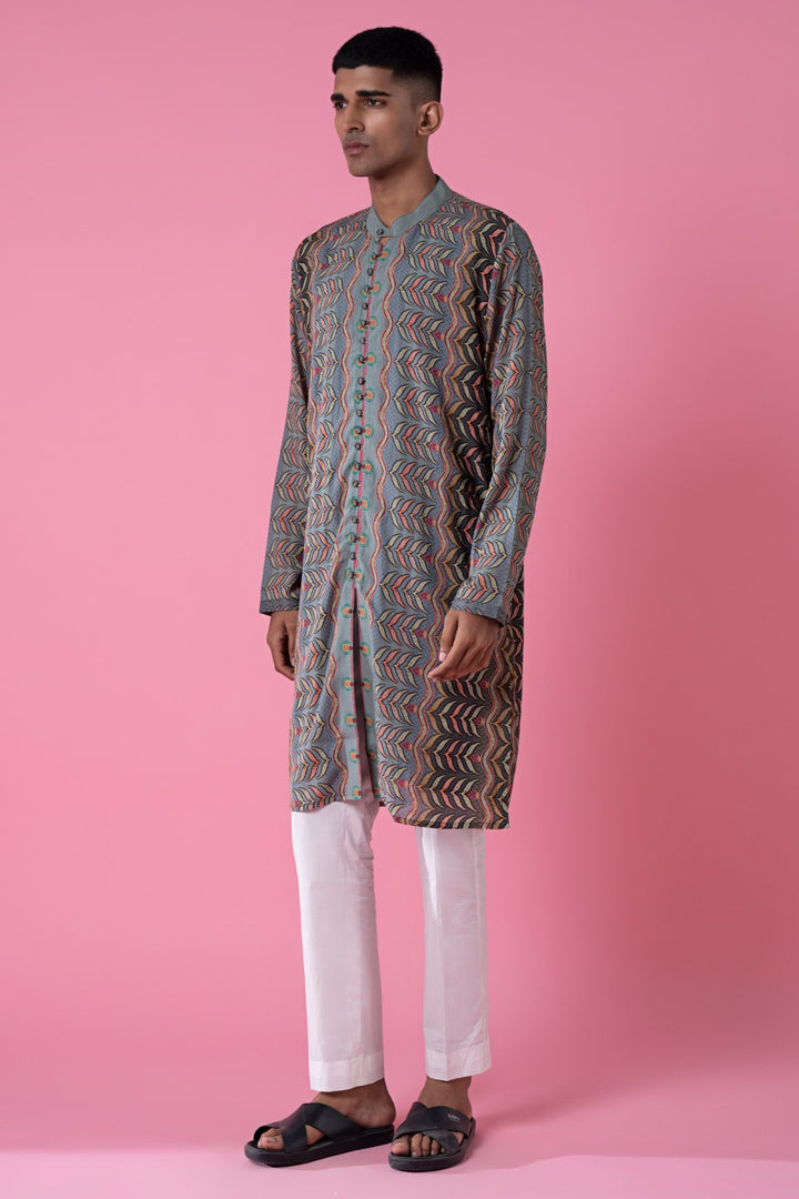 Safari Grey Ombre Printed Kurta Set-Siddhartha Bansal