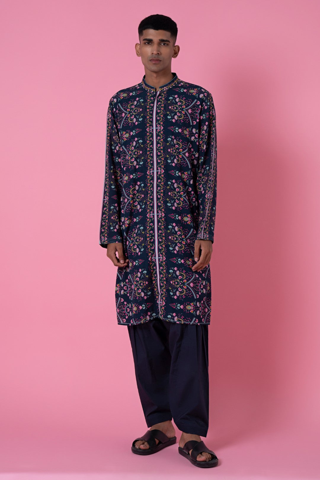 Charcoal Blue Royal Chintz Printed Kurta-Siddhartha Bansal