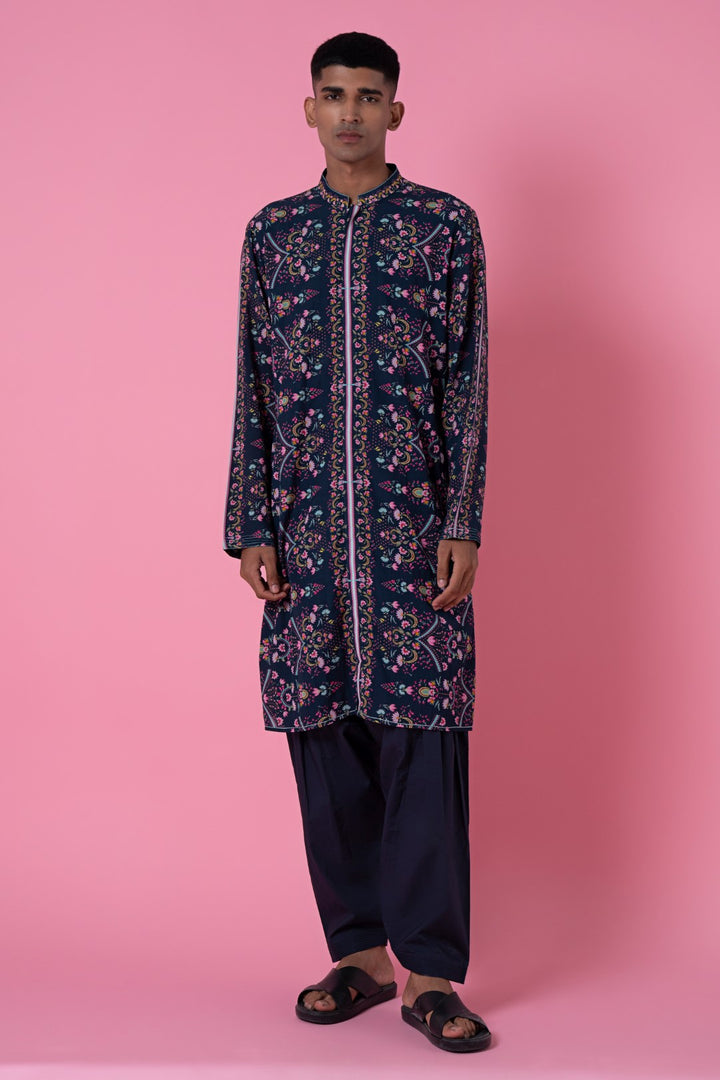 Charcoal Blue Royal Chintz Printed Kurta-Siddhartha Bansal