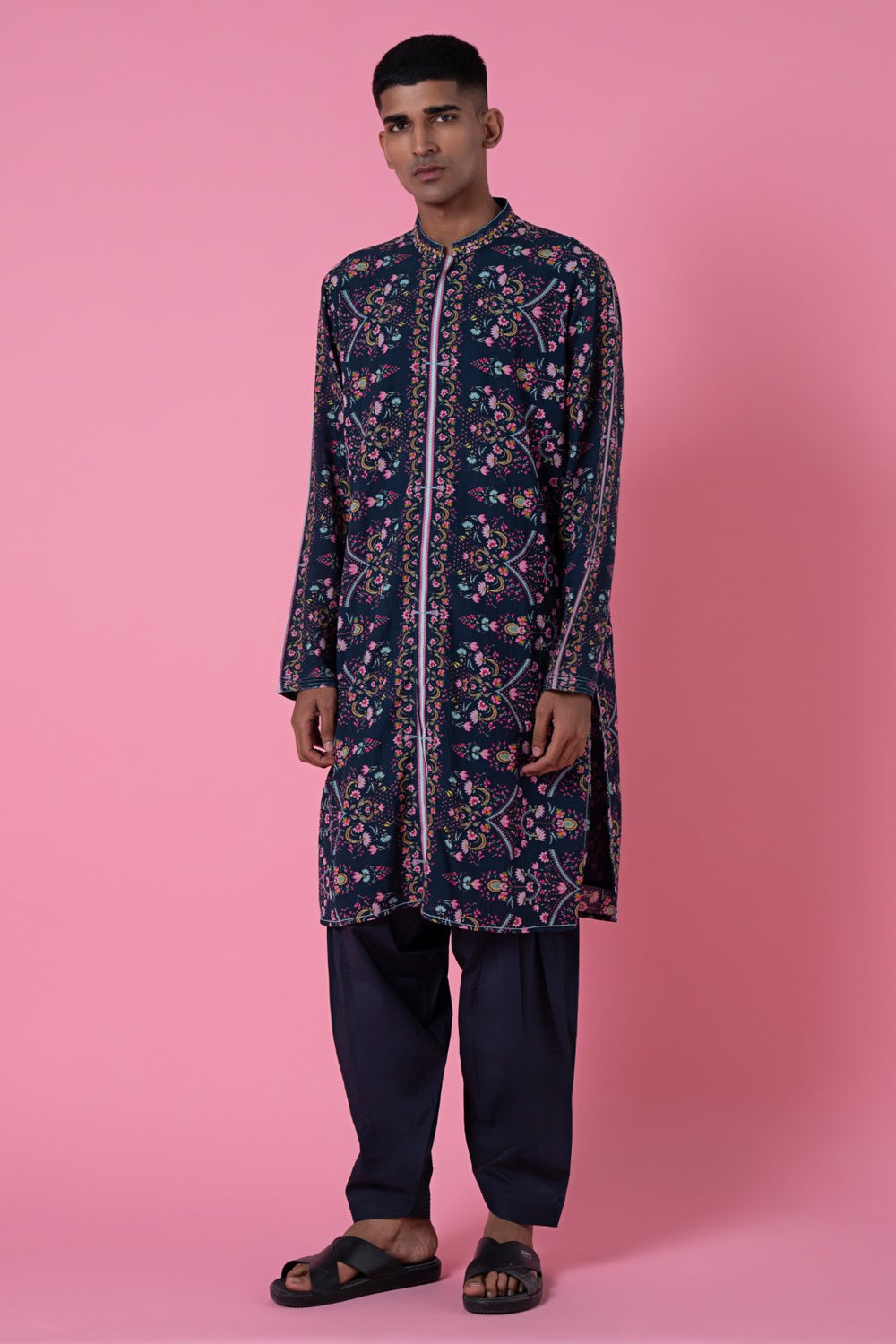 Charcoal Blue Royal Chintz Printed Kurta-Siddhartha Bansal