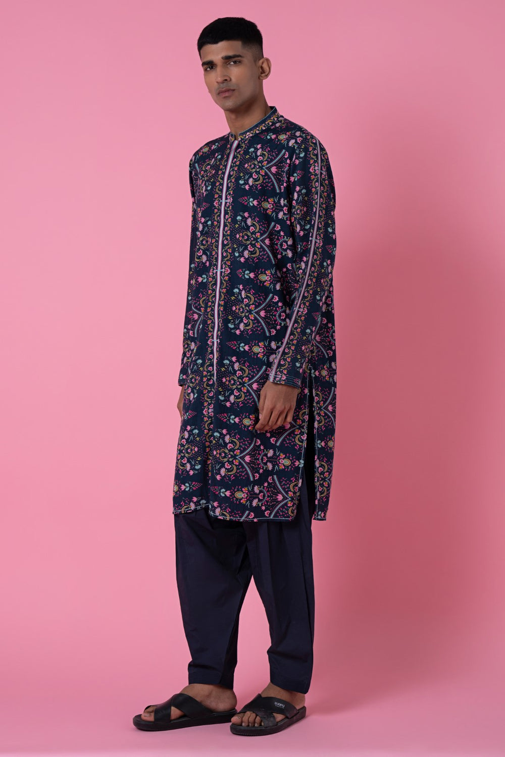 Charcoal Blue Royal Chintz Printed Kurta-Siddhartha Bansal