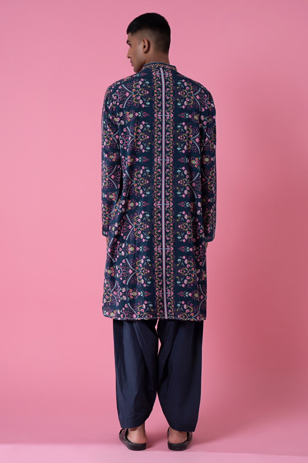 Charcoal Blue Royal Chintz Printed Kurta-Siddhartha Bansal