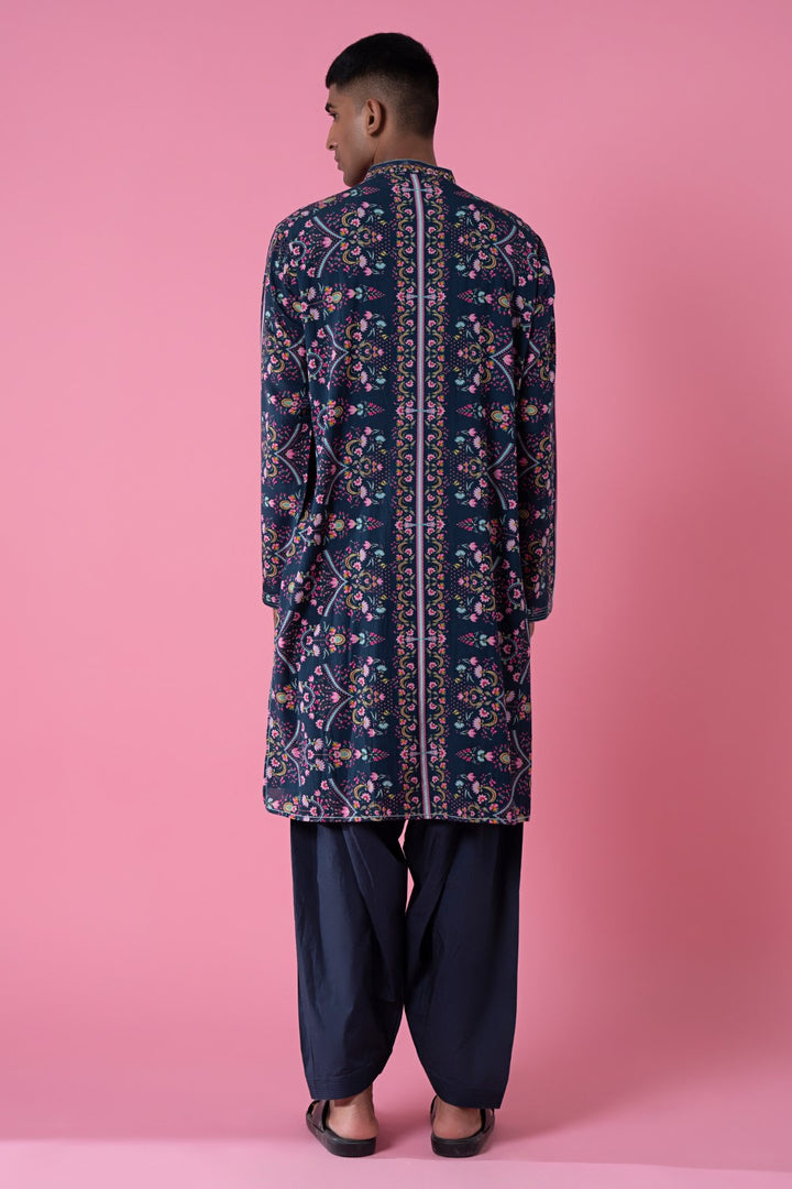 Charcoal Blue Royal Chintz Printed Kurta-Siddhartha Bansal