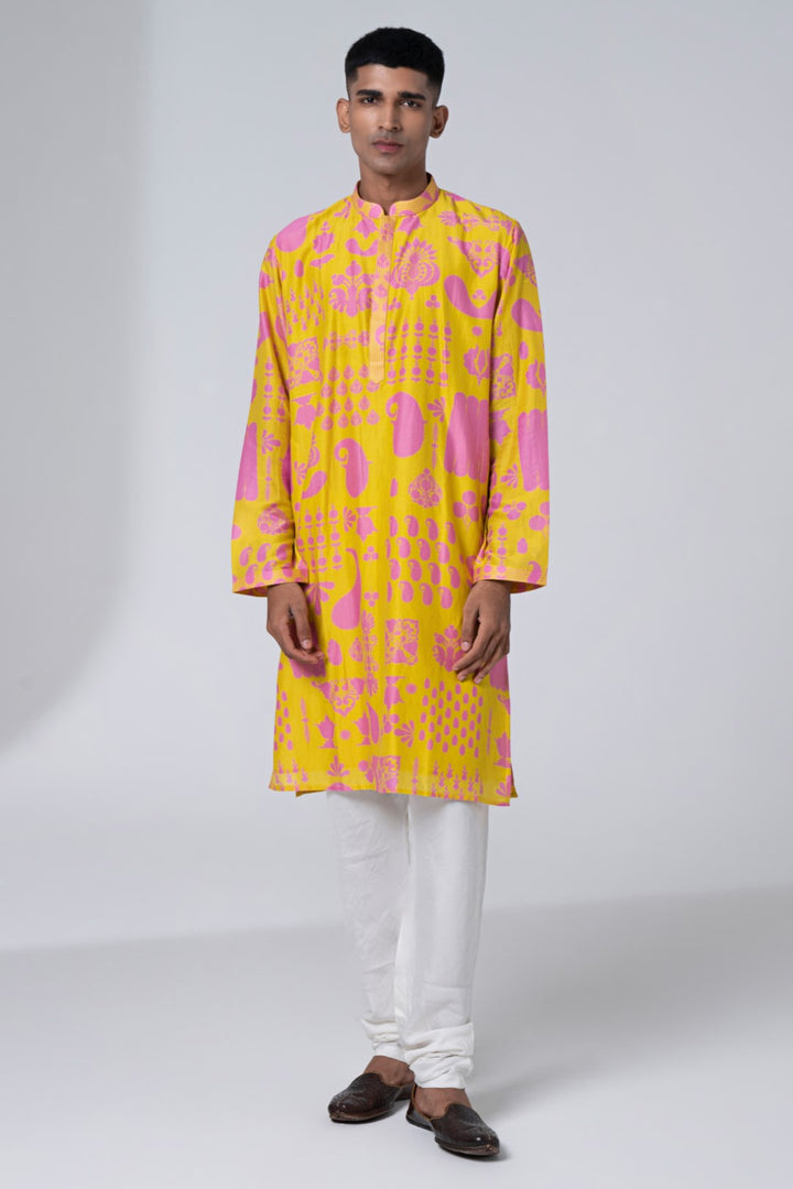 Lemonade Yellow Signature Hamsa Print Kurta Set-Siddhartha Bansal