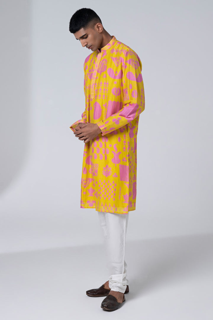 Lemonade Yellow Signature Hamsa Print Kurta Set-Siddhartha Bansal