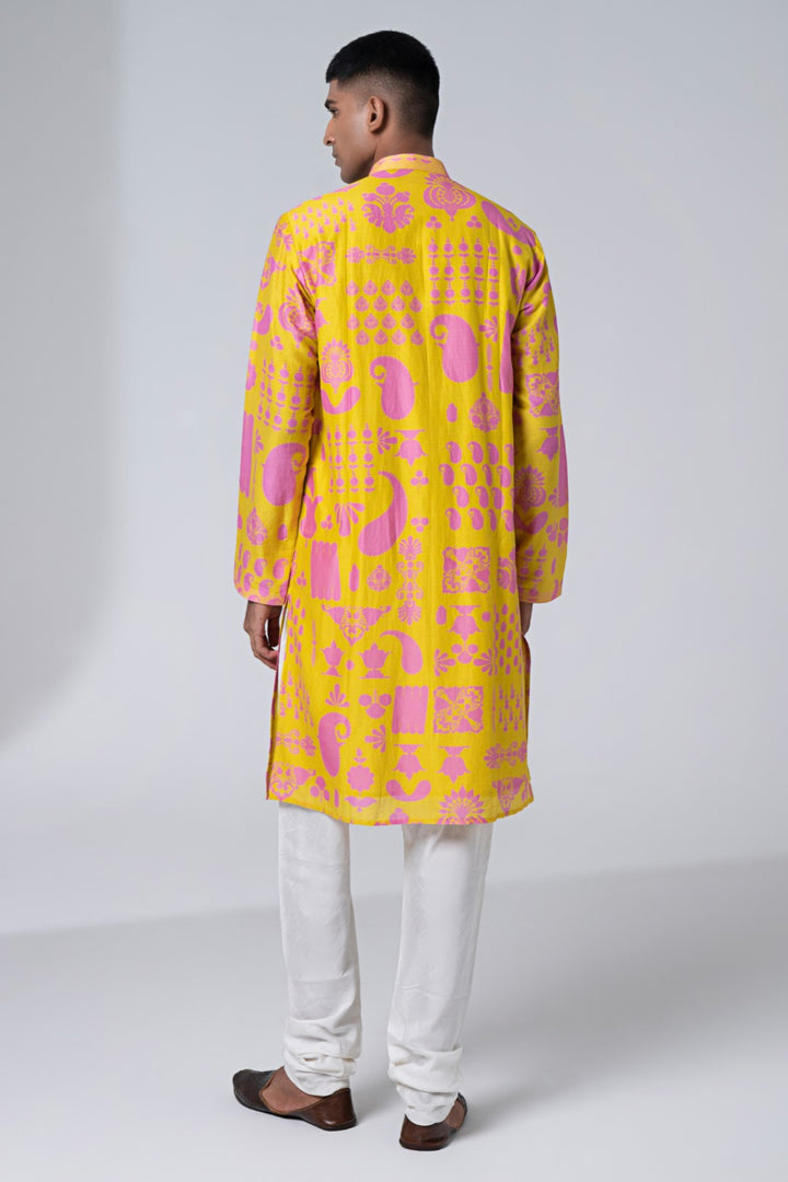 Lemonade Yellow Signature Hamsa Print Kurta Set-Siddhartha Bansal