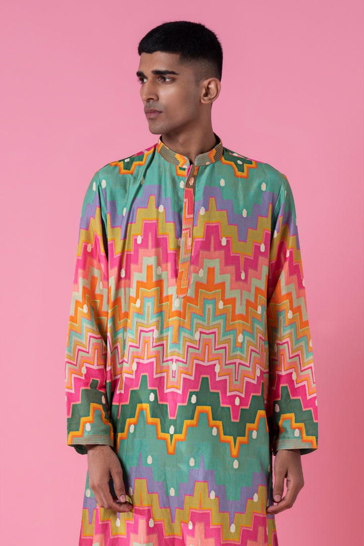 Cubic Chevron Multi Colour Printed Kurta Set-Siddhartha Bansal