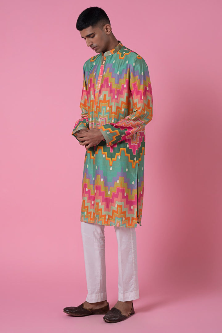 Cubic Chevron Multi Colour Printed Kurta Set-Siddhartha Bansal