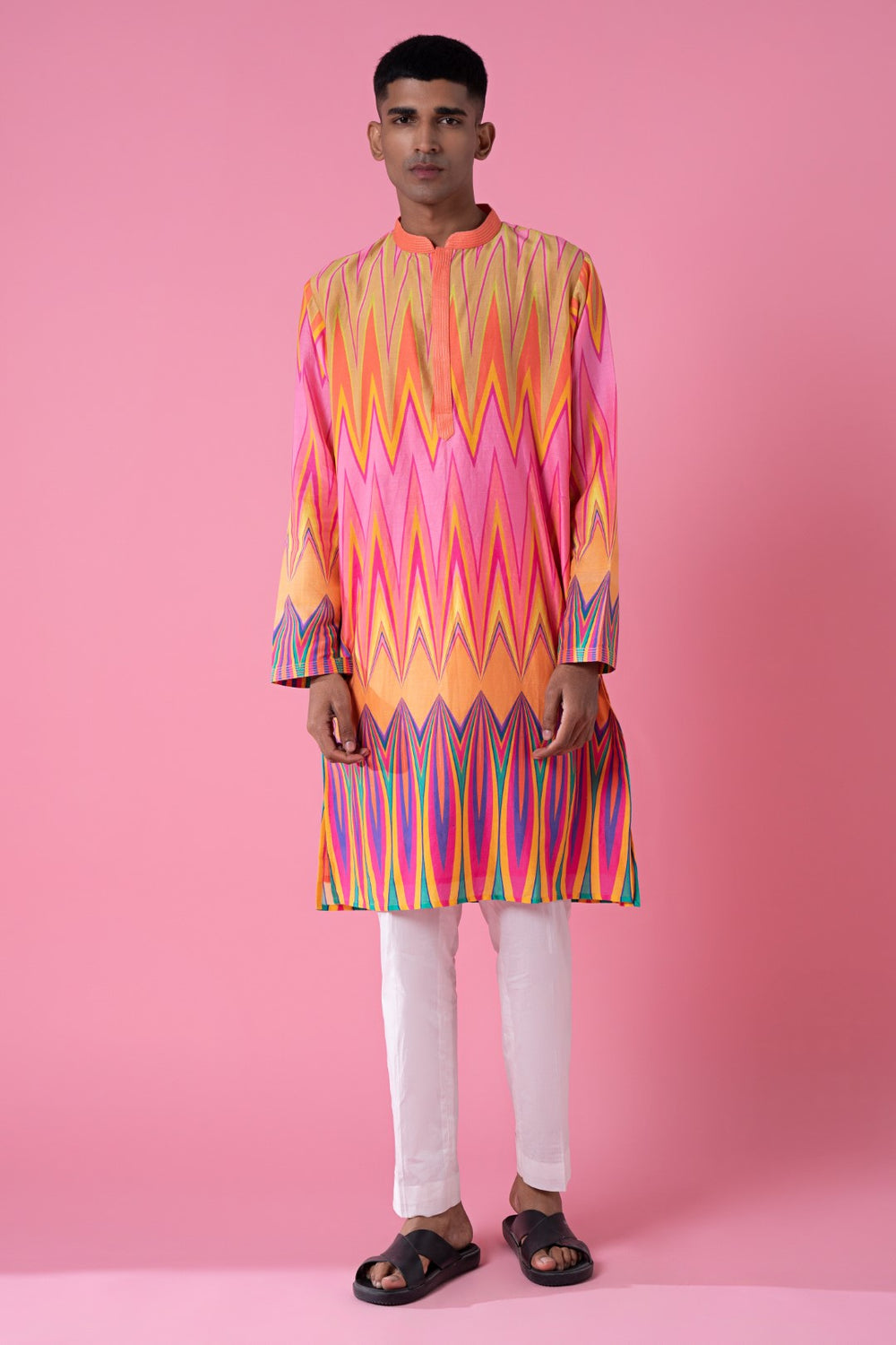 Yellow Pink Chevron Printed Kurta Set-Siddhartha Bansal