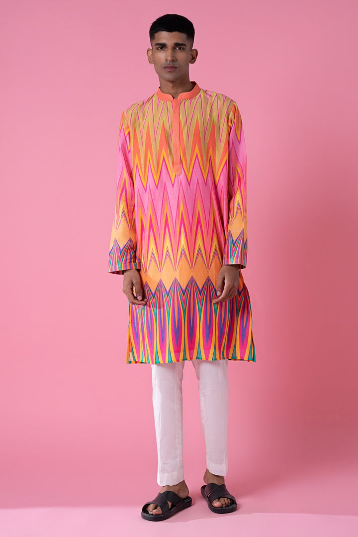 Yellow Pink Chevron Printed Kurta Set-Siddhartha Bansal