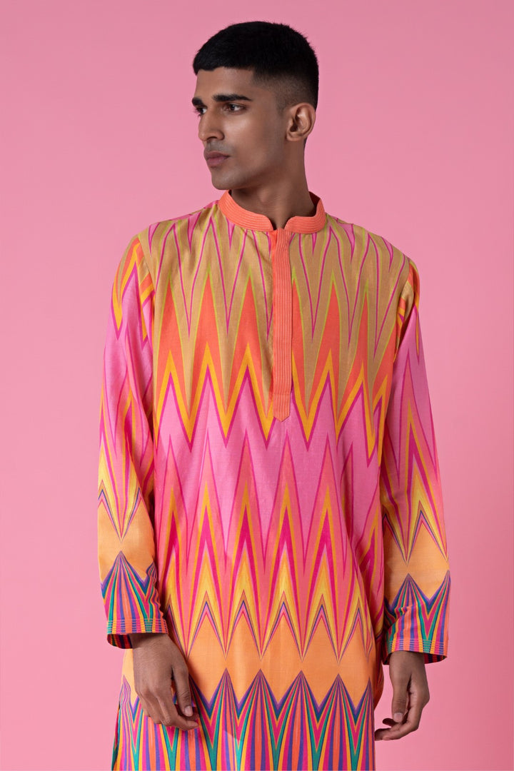 Yellow Pink Chevron Printed Kurta Set-Siddhartha Bansal