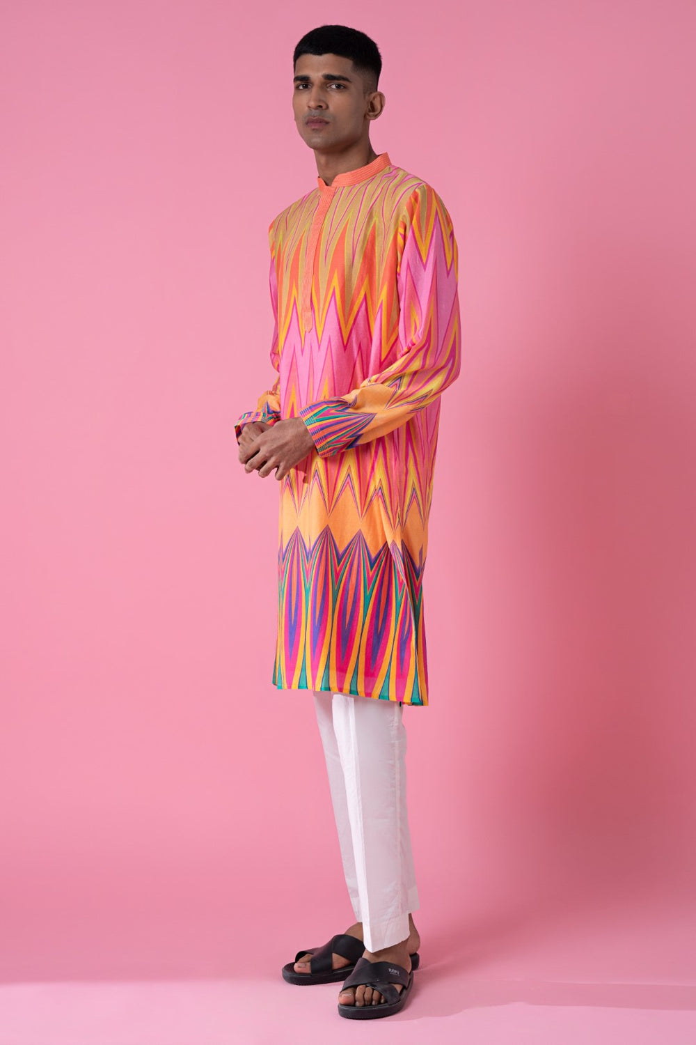 Yellow Pink Chevron Printed Kurta Set-Siddhartha Bansal