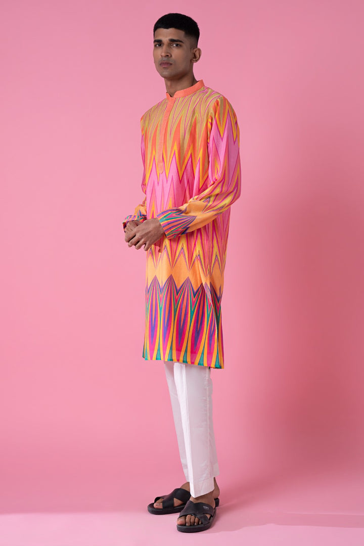 Yellow Pink Chevron Printed Kurta Set-Siddhartha Bansal