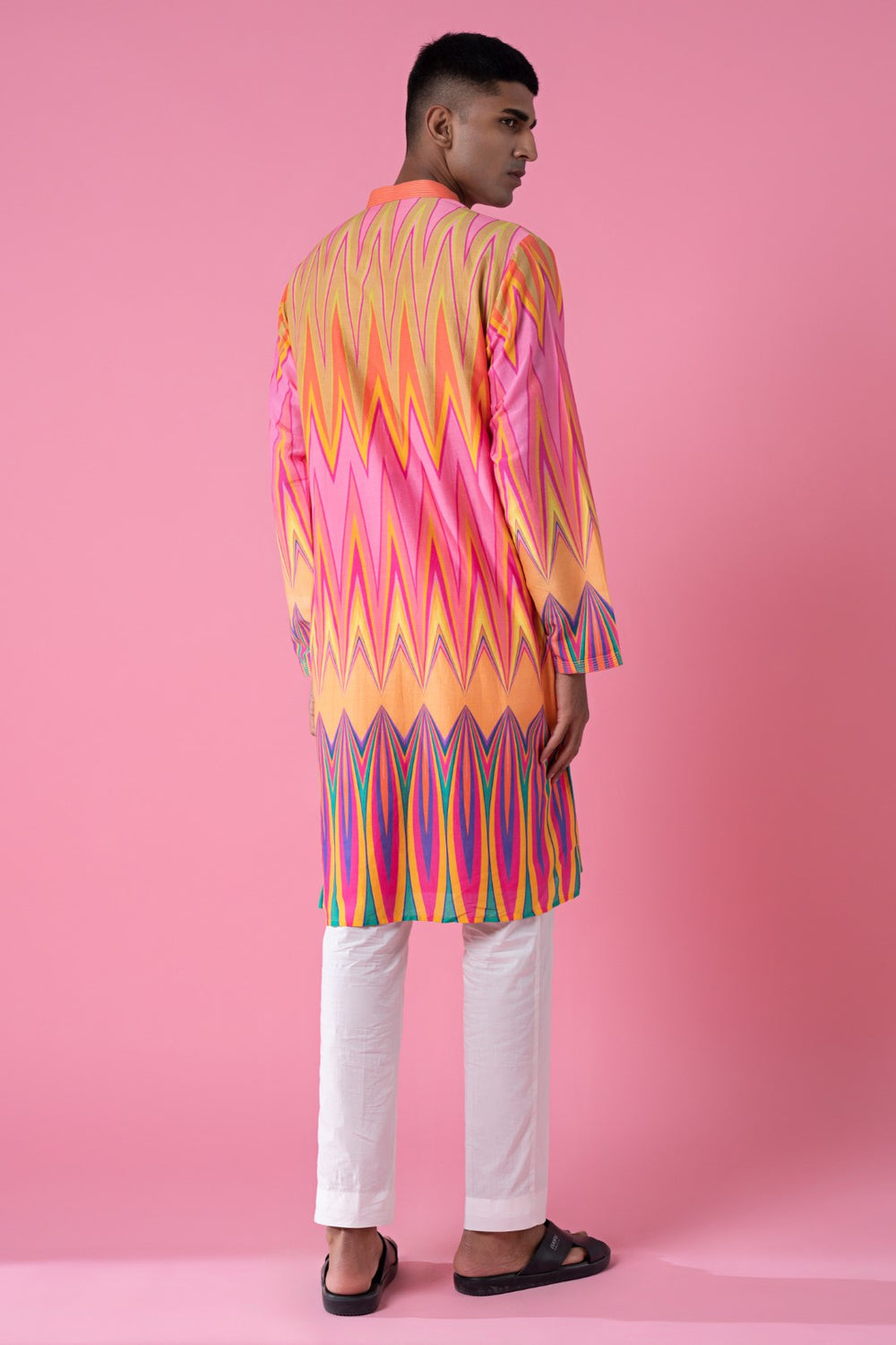 Yellow Pink Chevron Printed Kurta Set-Siddhartha Bansal