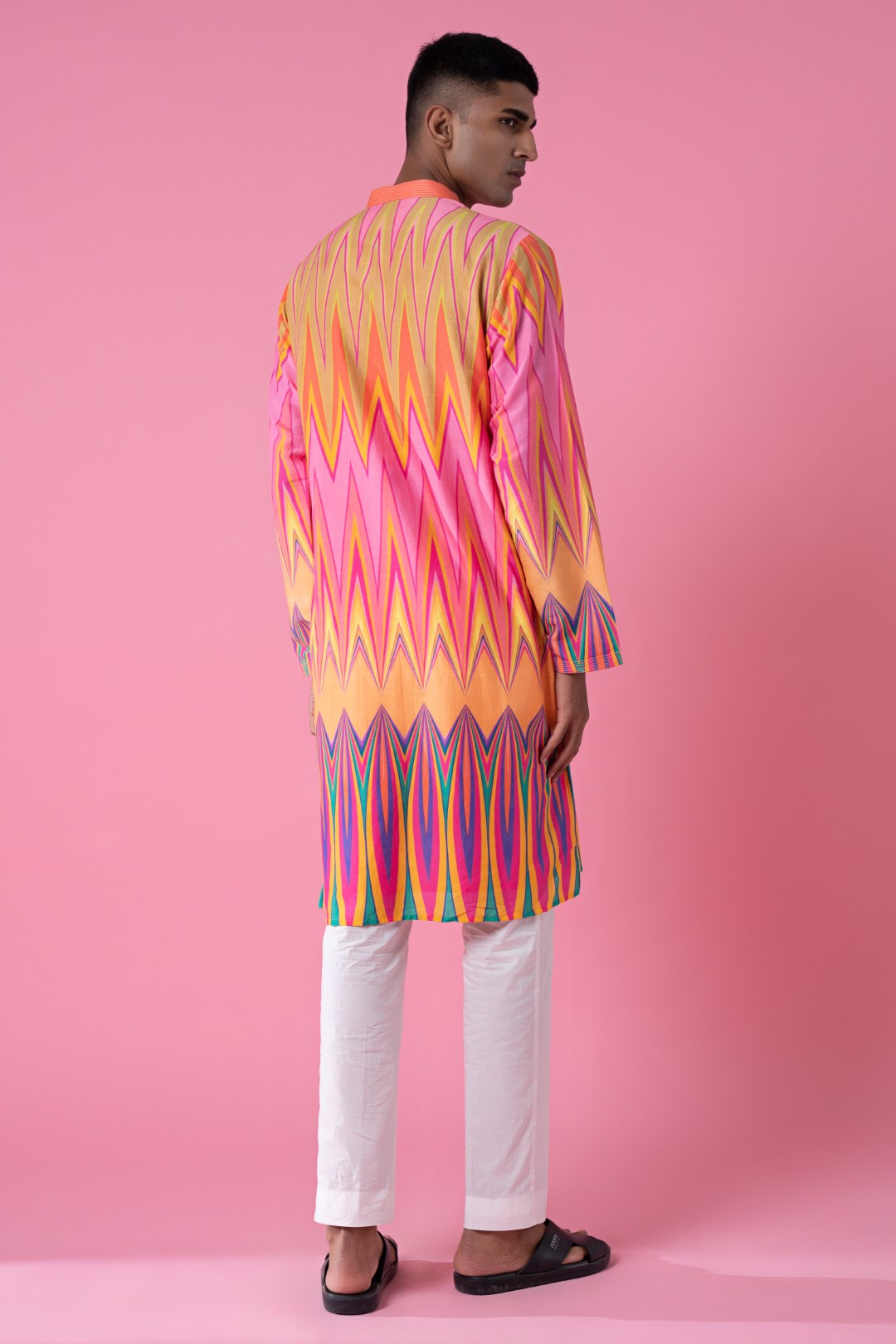 Yellow Pink Chevron Printed Kurta Set-Siddhartha Bansal