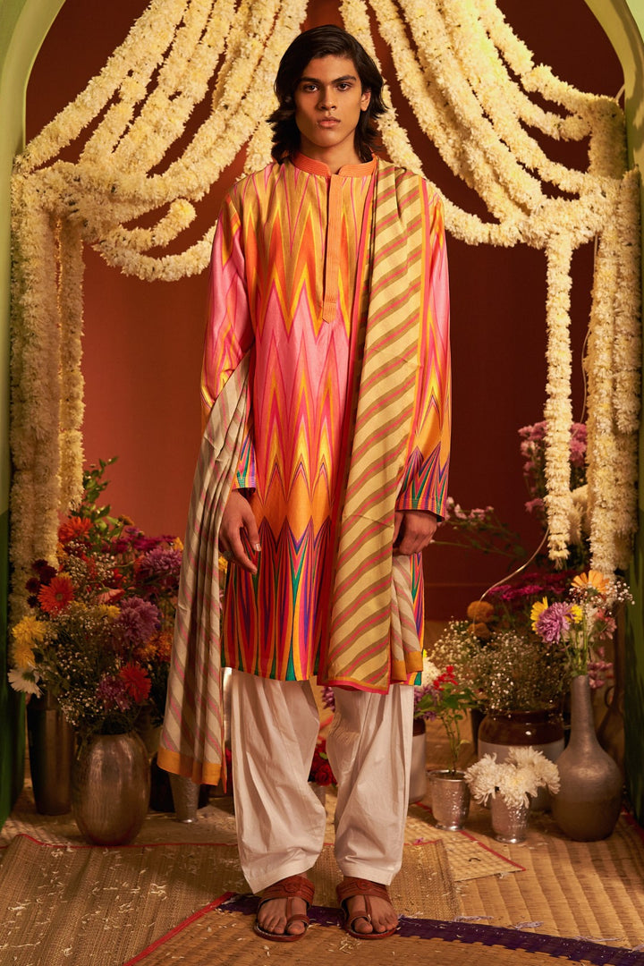 Yellow Pink Chevron Printed Kurta Set-Siddhartha Bansal