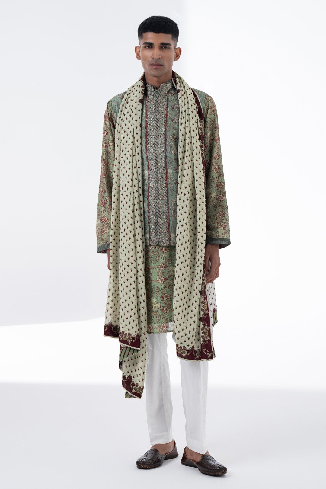 Olive Green Patten With Border Detail Stole-Siddhartha Bansal