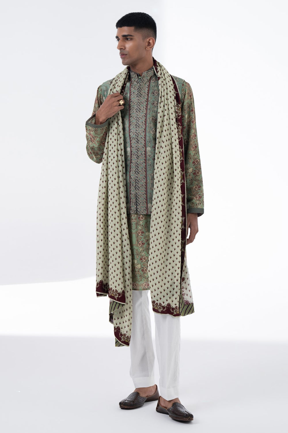 Olive Green Patten With Border Detail Stole-Siddhartha Bansal