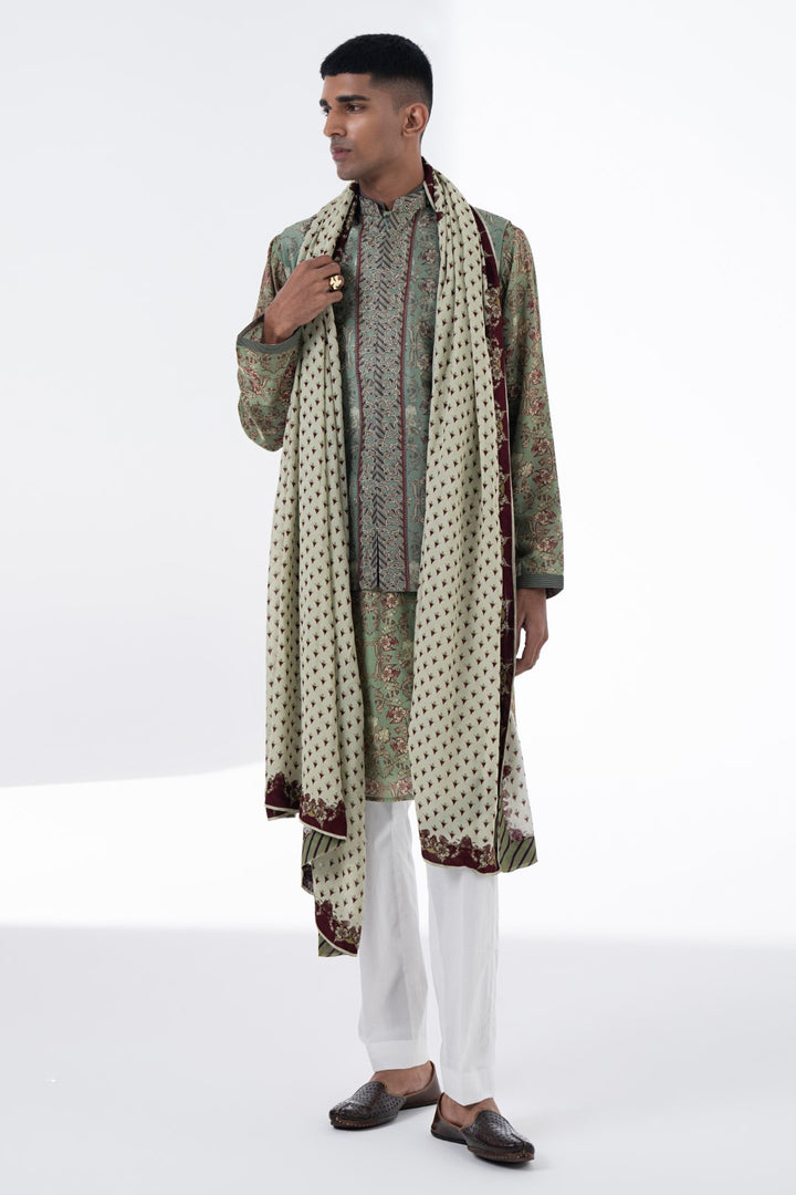 Olive Green Patten With Border Detail Stole-Siddhartha Bansal
