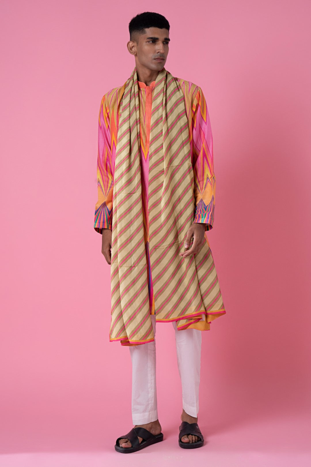 Beige And Pink Stripes Printed Stole-Siddhartha Bansal