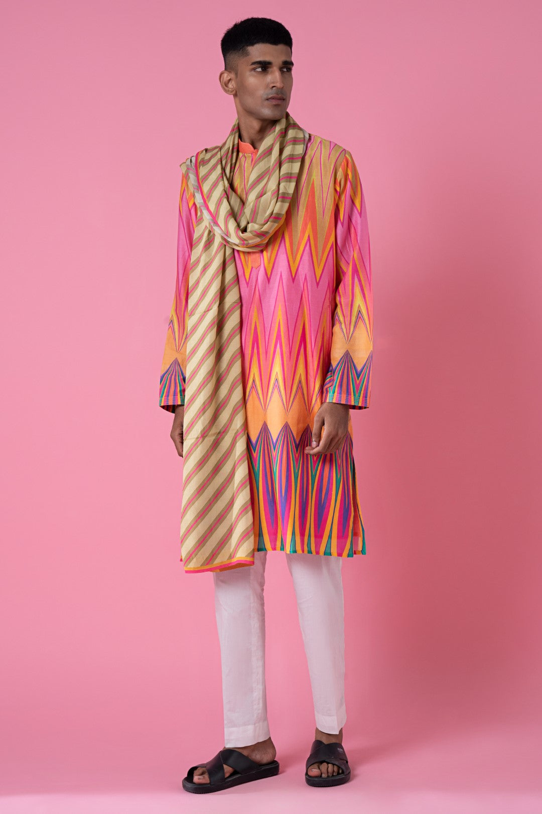 Beige And Pink Stripes Printed Stole-Siddhartha Bansal