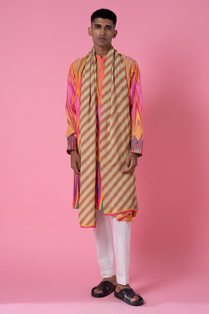 Beige And Pink Stripes Printed Stole-Siddhartha Bansal