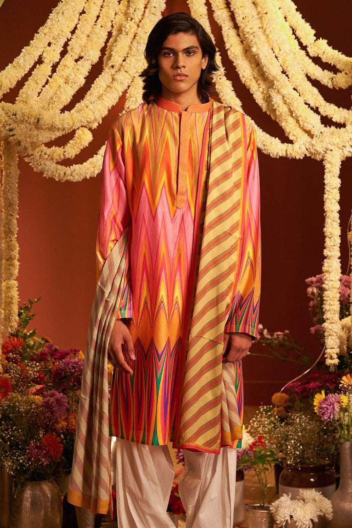 Beige And Pink Stripes Printed Stole-Siddhartha Bansal