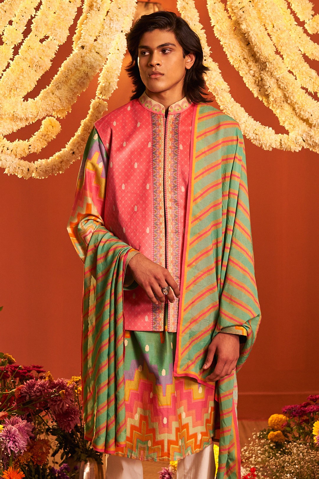 Sea Green And Pink Stripes Printed Stole-Siddhartha Bansal