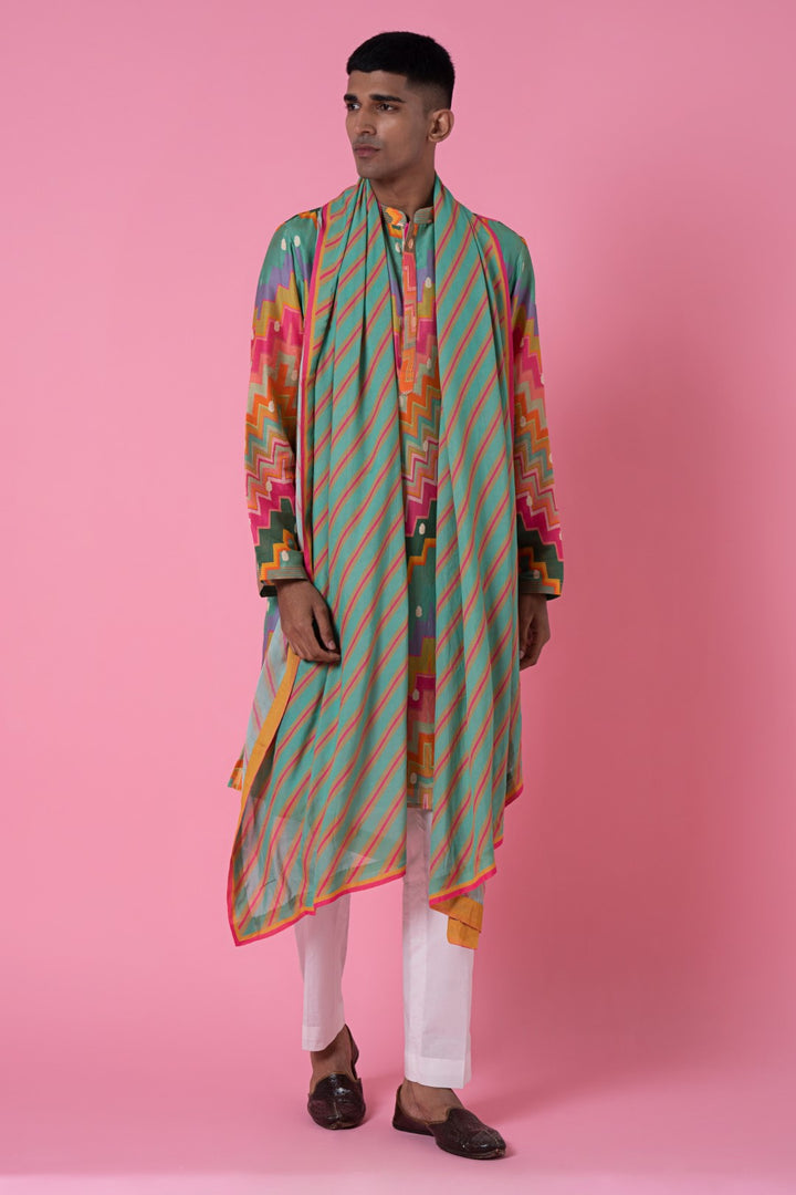 Sea Green And Pink Stripes Printed Stole-Siddhartha Bansal