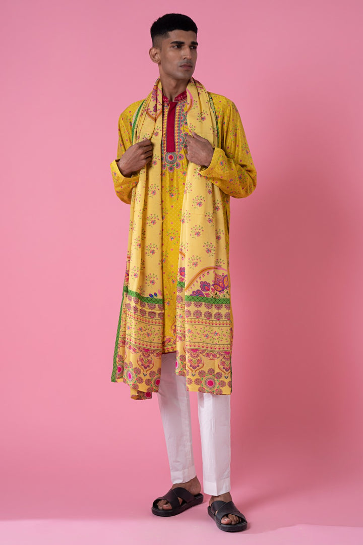 Yellow Ochre Sb Signature Paisely Printed Stole-Siddhartha Bansal