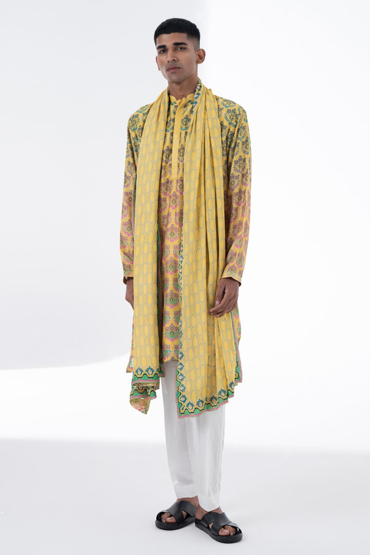 Sun Kissed Yellow Retro Pattern,Green Border Printed Stole-Siddhartha Bansal