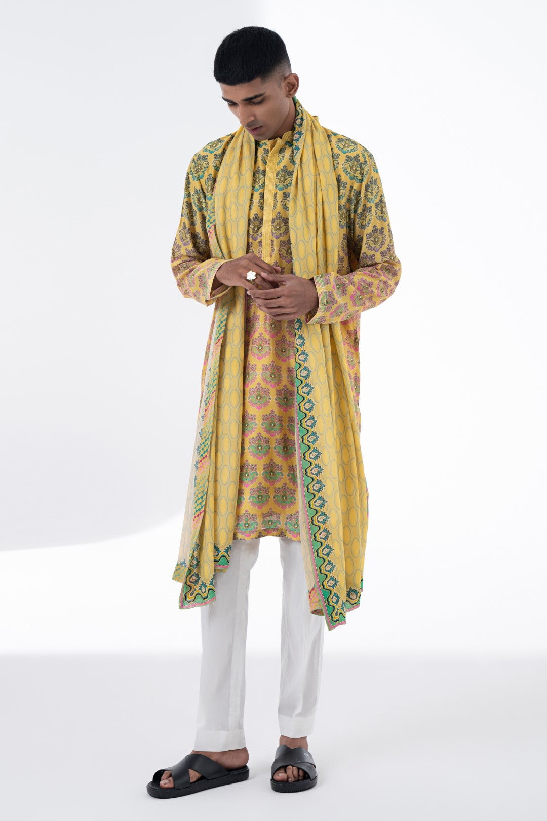 Sun Kissed Yellow Retro Pattern,Green Border Printed Stole-Siddhartha Bansal