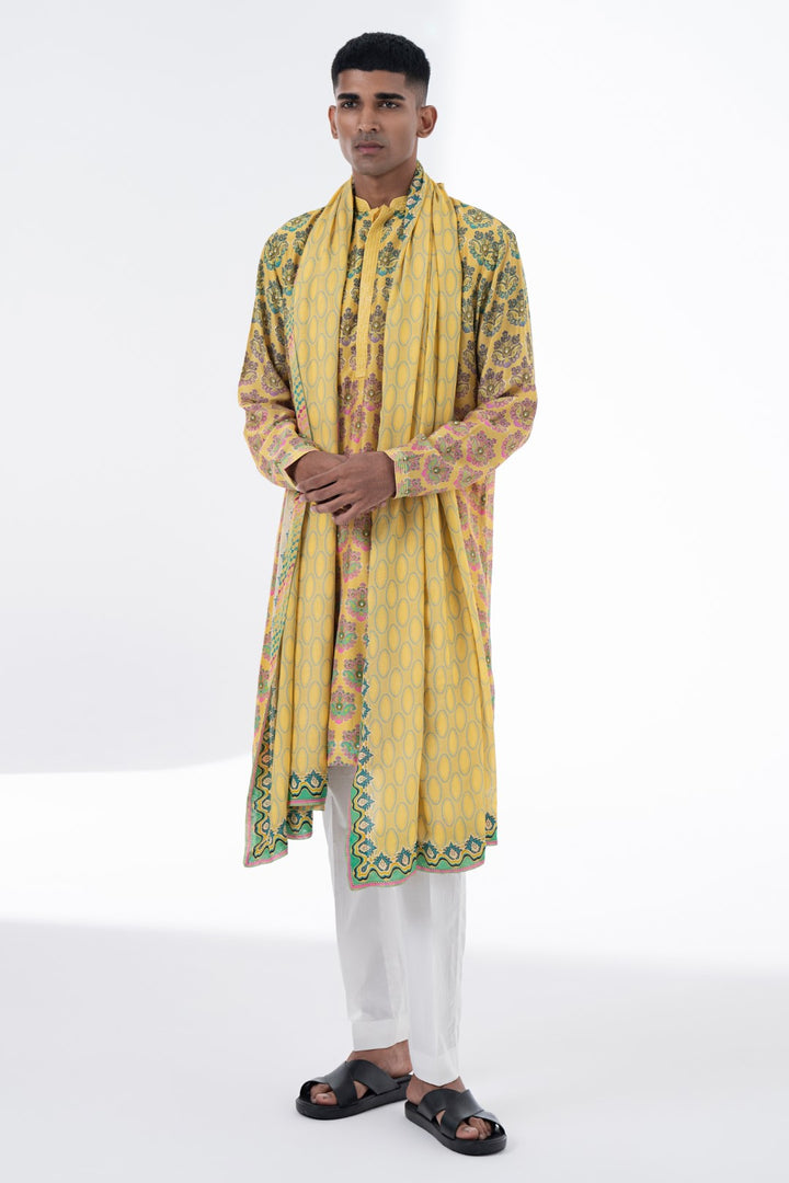 Sun Kissed Yellow Retro Pattern,Green Border Printed Stole-Siddhartha Bansal