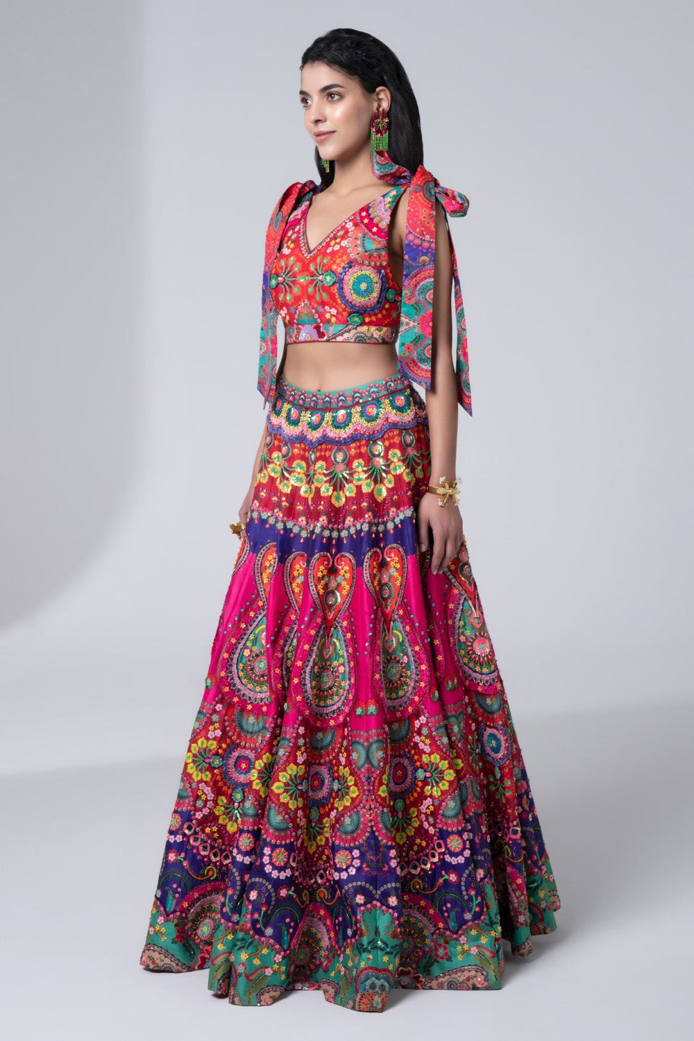 Multi Color Bustier Blouse And Multi Color Emb. Skirt-Siddhartha Bansal