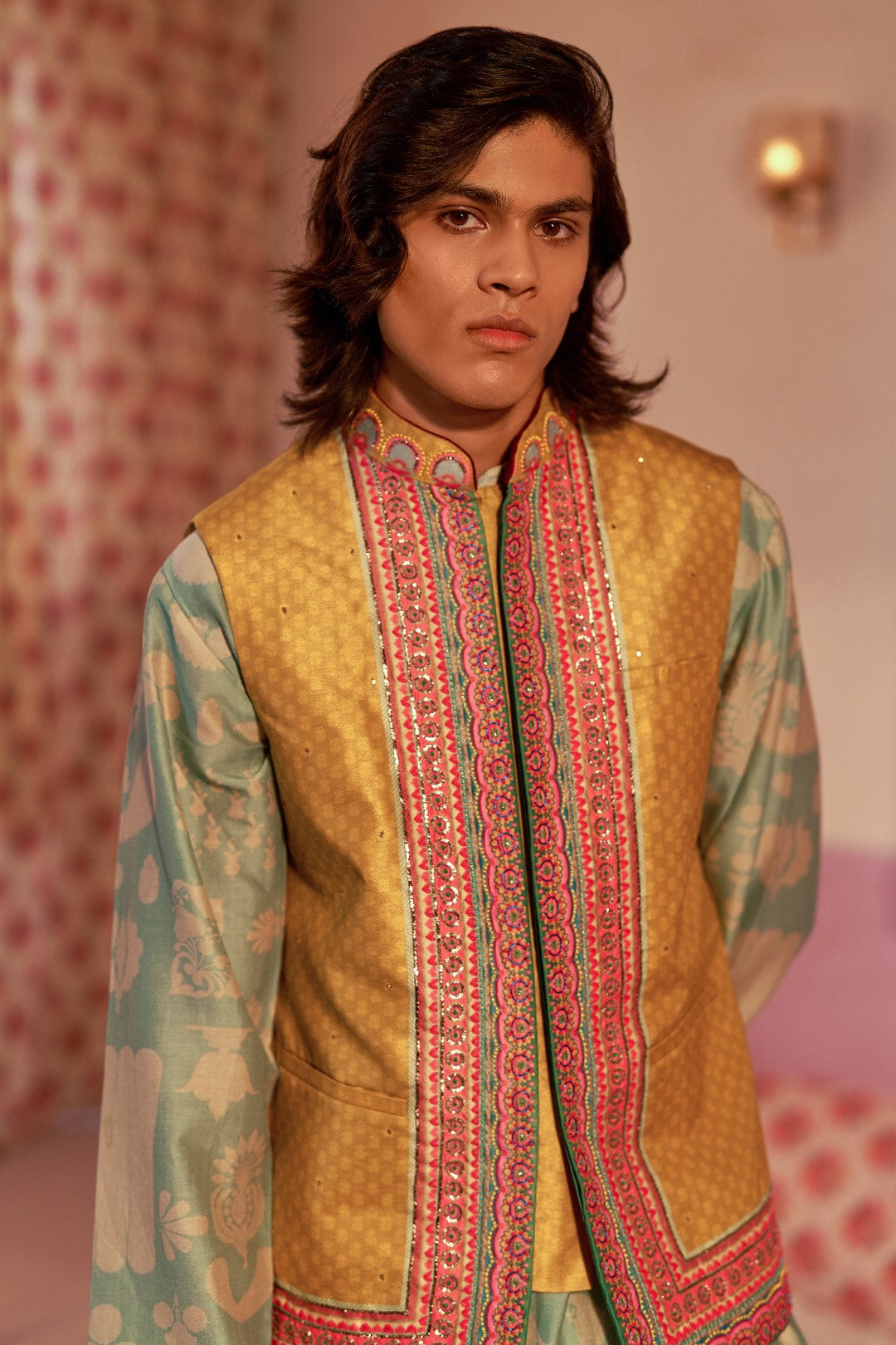 Lime Mustard Self Print With Embroidered Border Nehru Jacket-Mens Wear-Siddhartha Bansal