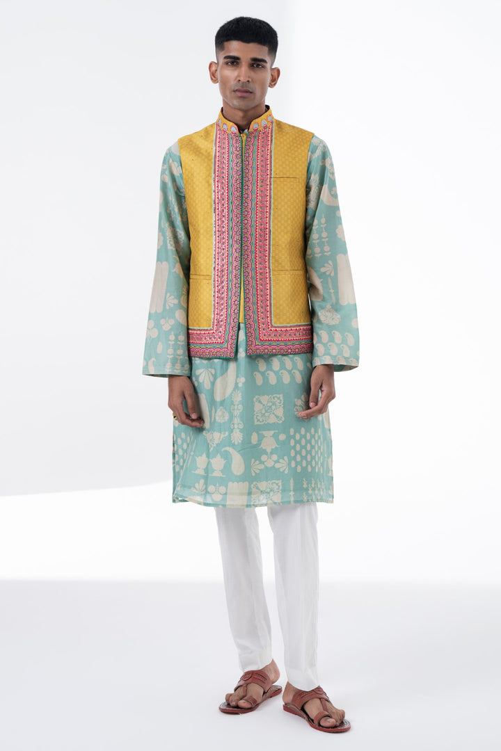 Lime Mustard Self Print With Embroidered Border Nehru Jacket-Mens Wear-Siddhartha Bansal