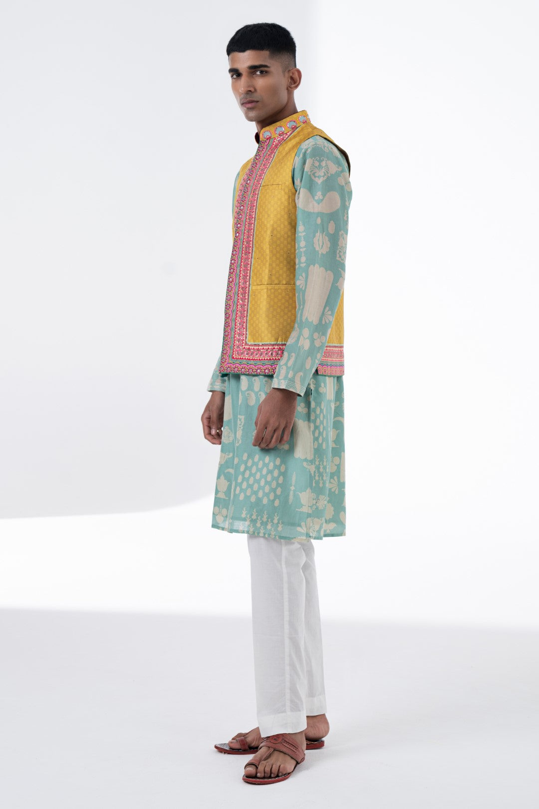 Lime Mustard Self Print With Embroidered Border Nehru Jacket-Mens Wear-Siddhartha Bansal