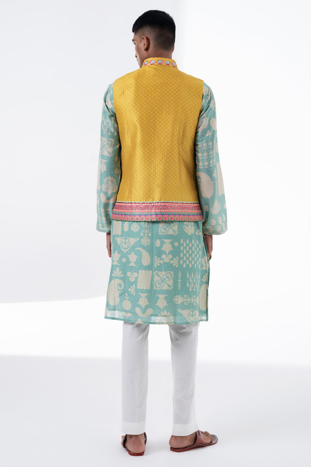 Lime Mustard Self Print With Embroidered Border Nehru Jacket-Mens Wear-Siddhartha Bansal