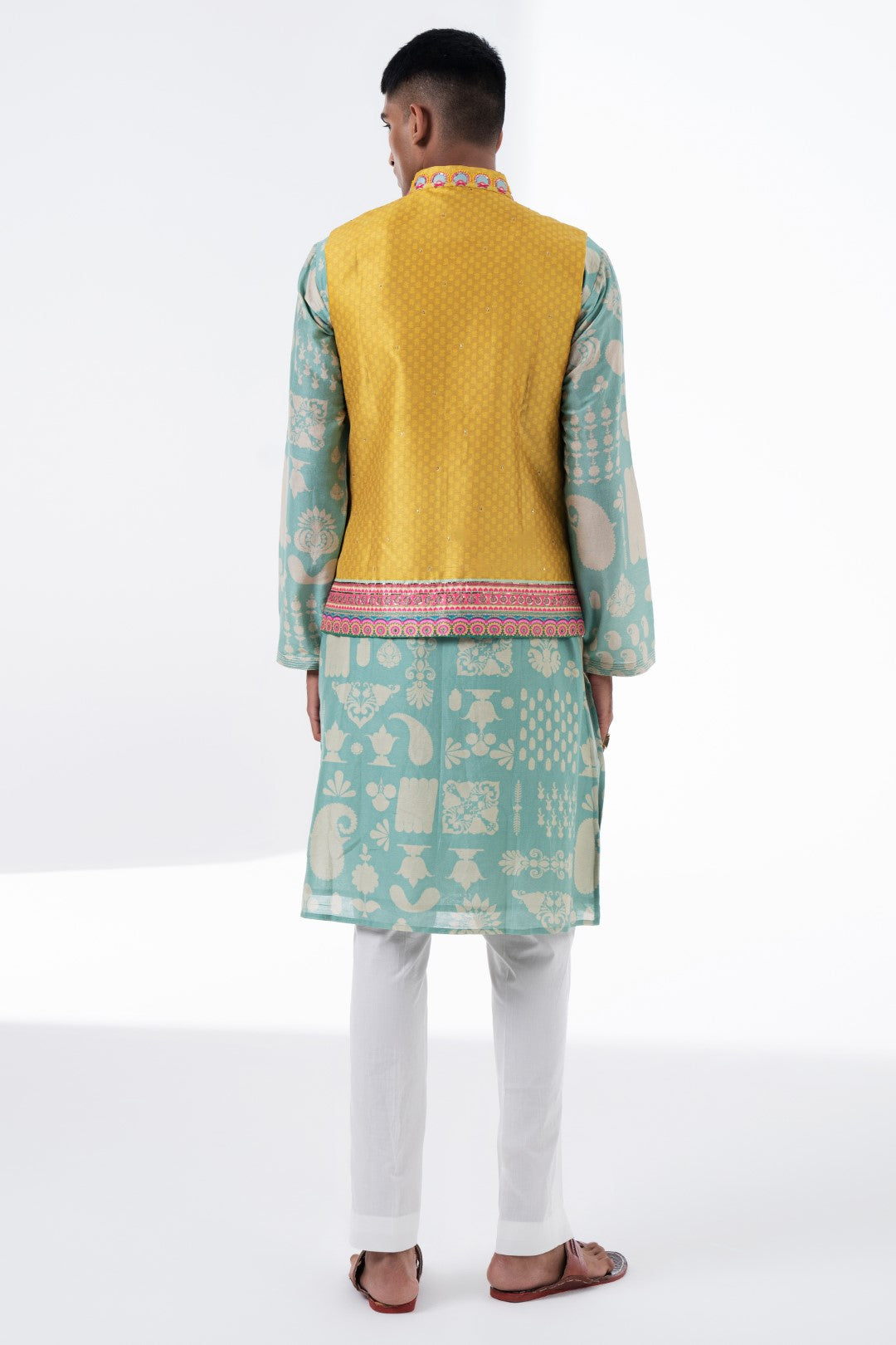 Lime Mustard Self Print With Embroidered Border Nehru Jacket-Mens Wear-Siddhartha Bansal