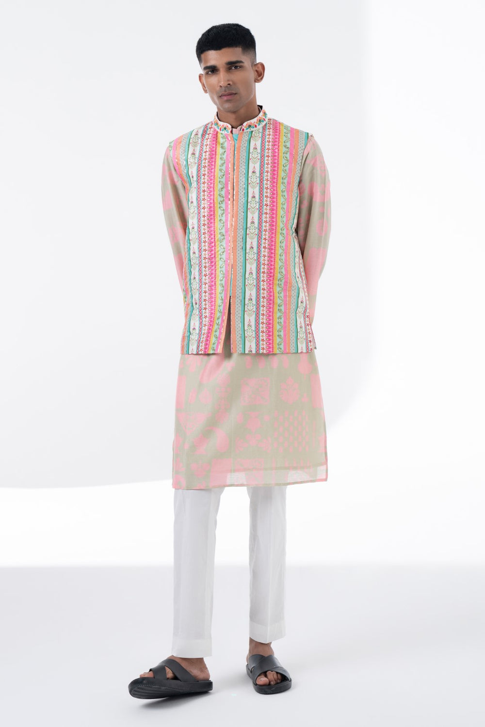 Devine White Multi Color Sripe Embroidered Nehru Jacket-Mens Wear-Siddhartha Bansal