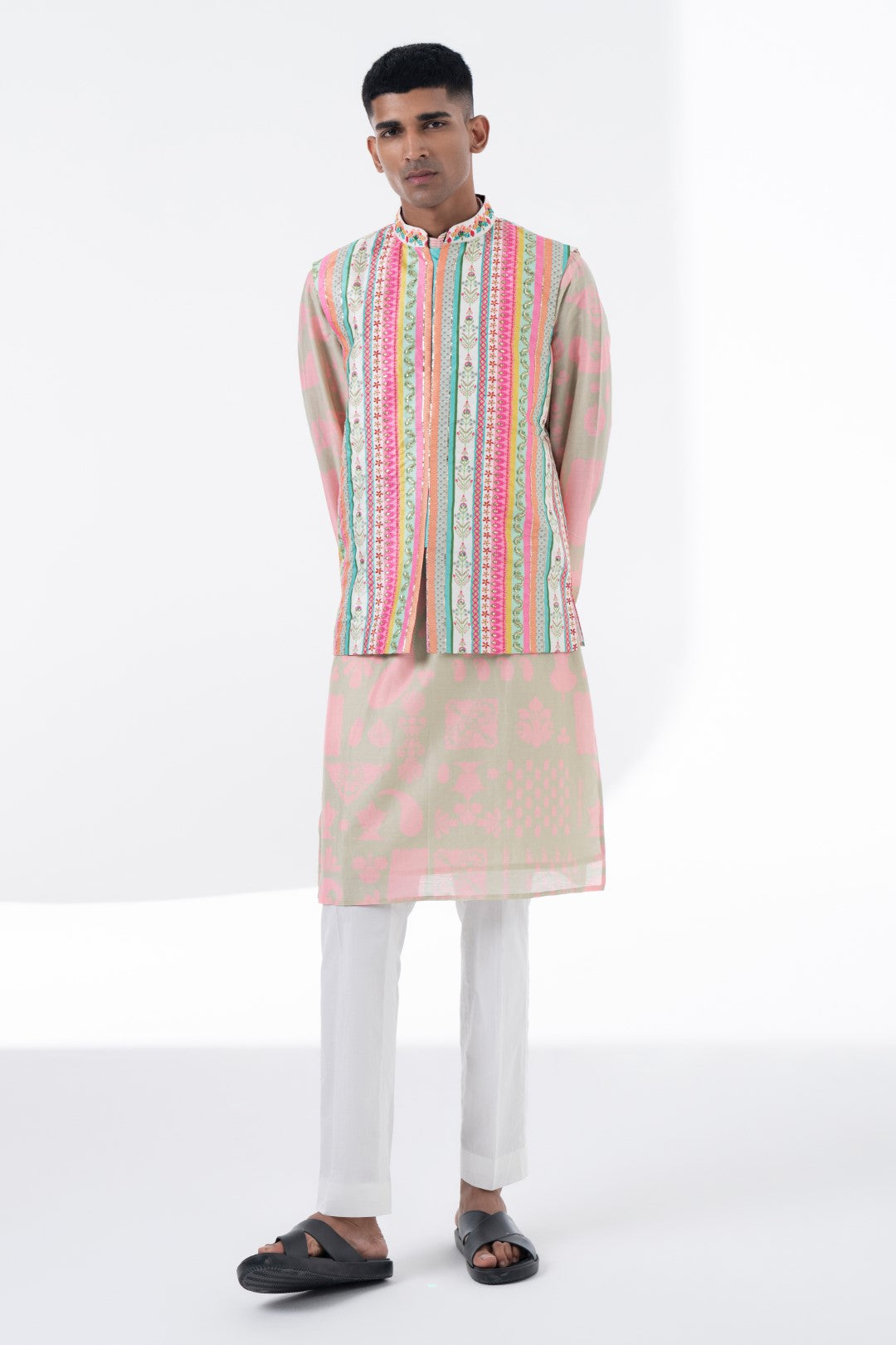 Devine White Multi Color Sripe Embroidered Nehru Jacket-Mens Wear-Siddhartha Bansal