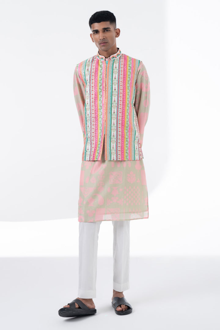 Devine White Multi Color Sripe Embroidered Nehru Jacket-Mens Wear-Siddhartha Bansal