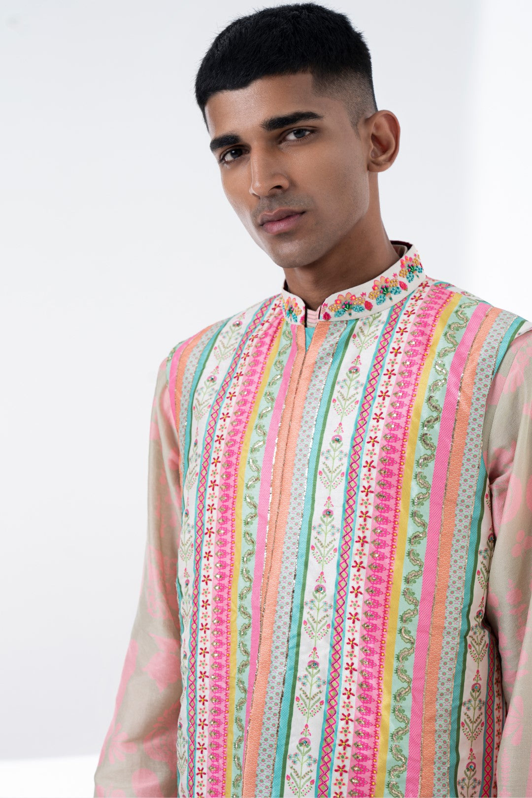 Devine White Multi Color Sripe Embroidered Nehru Jacket-Mens Wear-Siddhartha Bansal