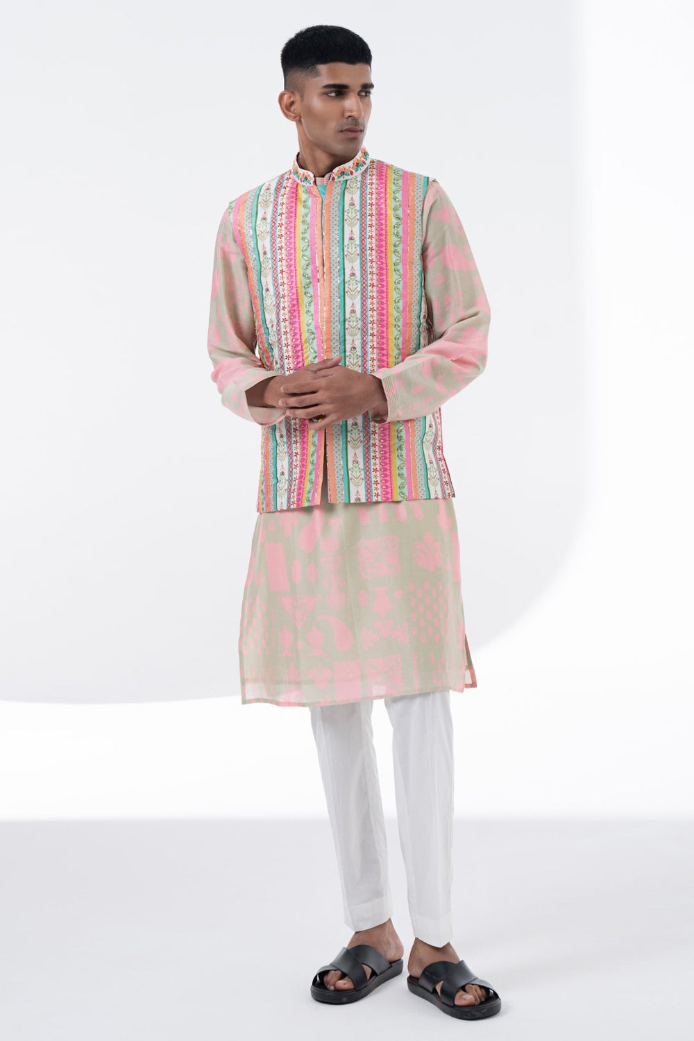 Devine White Multi Color Sripe Embroidered Nehru Jacket-Mens Wear-Siddhartha Bansal