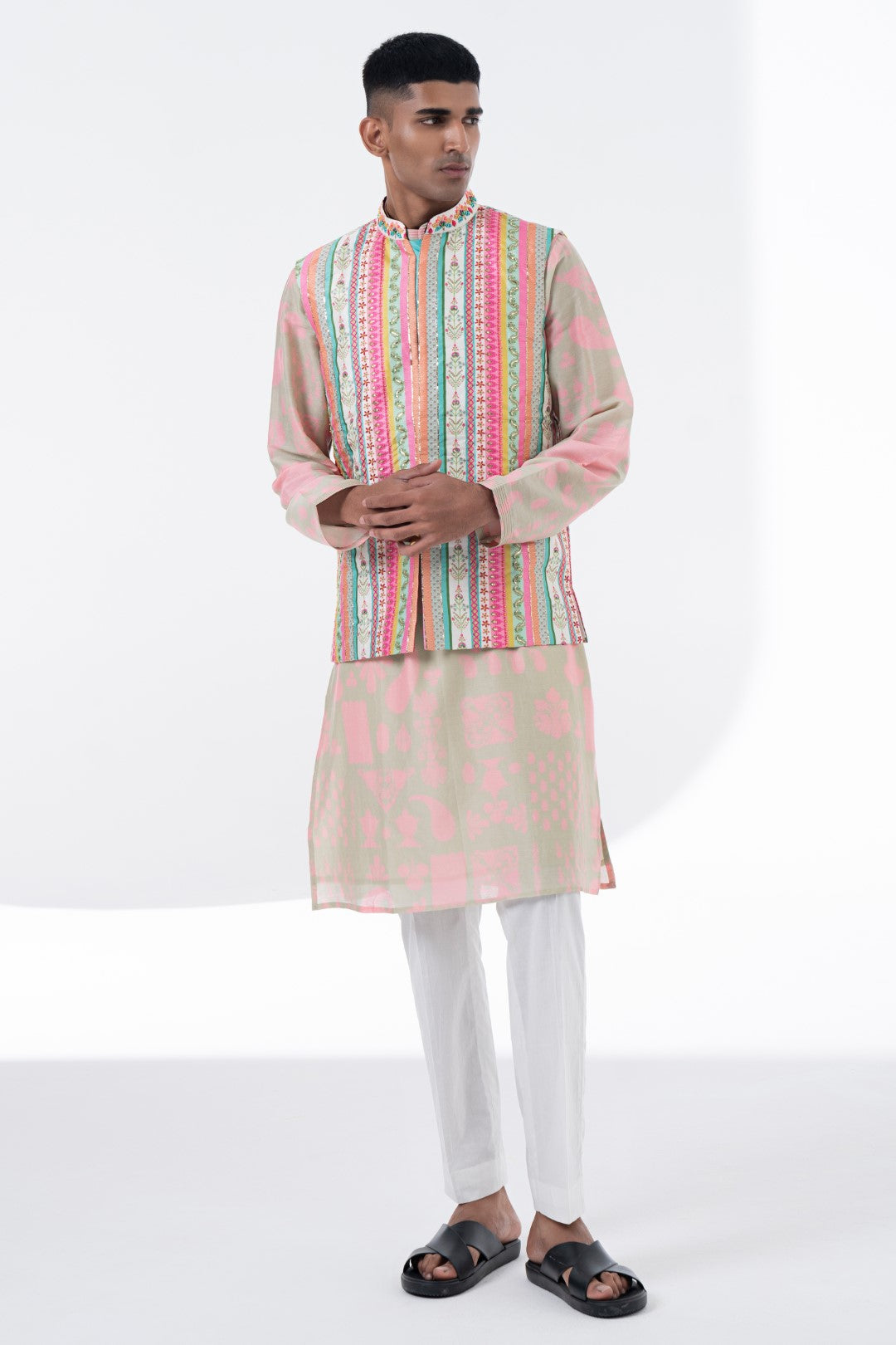 Devine White Multi Color Sripe Embroidered Nehru Jacket-Mens Wear-Siddhartha Bansal