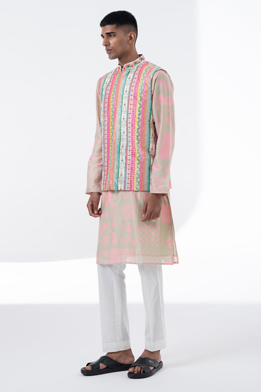 Devine White Multi Color Sripe Embroidered Nehru Jacket-Mens Wear-Siddhartha Bansal