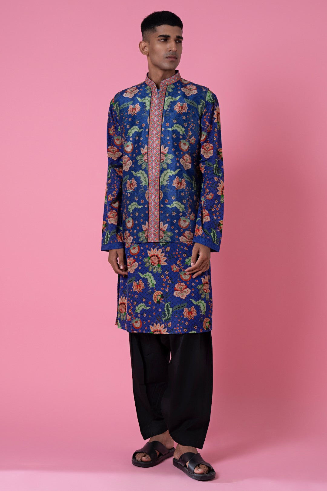 Monsoon Midnight Blue Wild Flower Embroidered Border Nehru Jacket-Mens Wear-Siddhartha Bansal