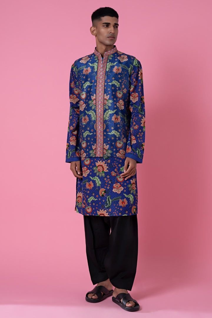 Monsoon Midnight Blue Wild Flower Embroidered Border Nehru Jacket-Mens Wear-Siddhartha Bansal