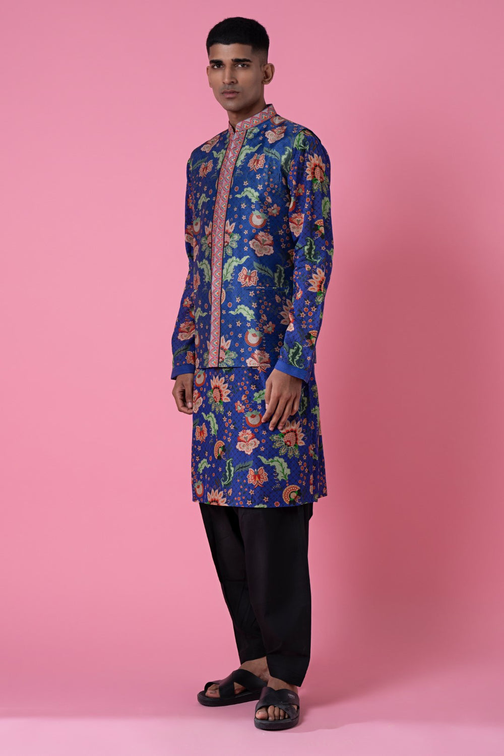 Monsoon Midnight Blue Wild Flower Embroidered Border Nehru Jacket-Mens Wear-Siddhartha Bansal